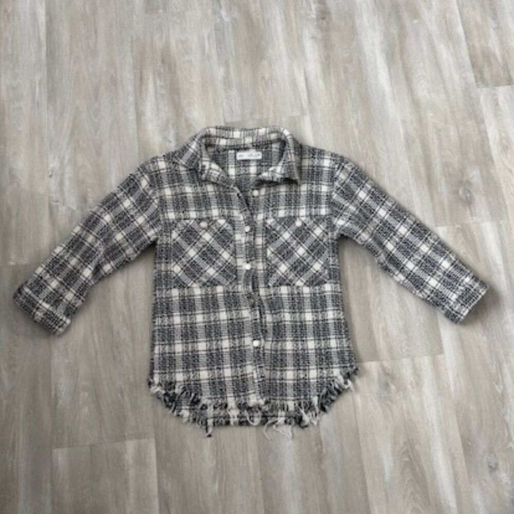 ZARA Navy Blue & White Tweed Fringe Trim Oversized Button Front Shacket Size 10